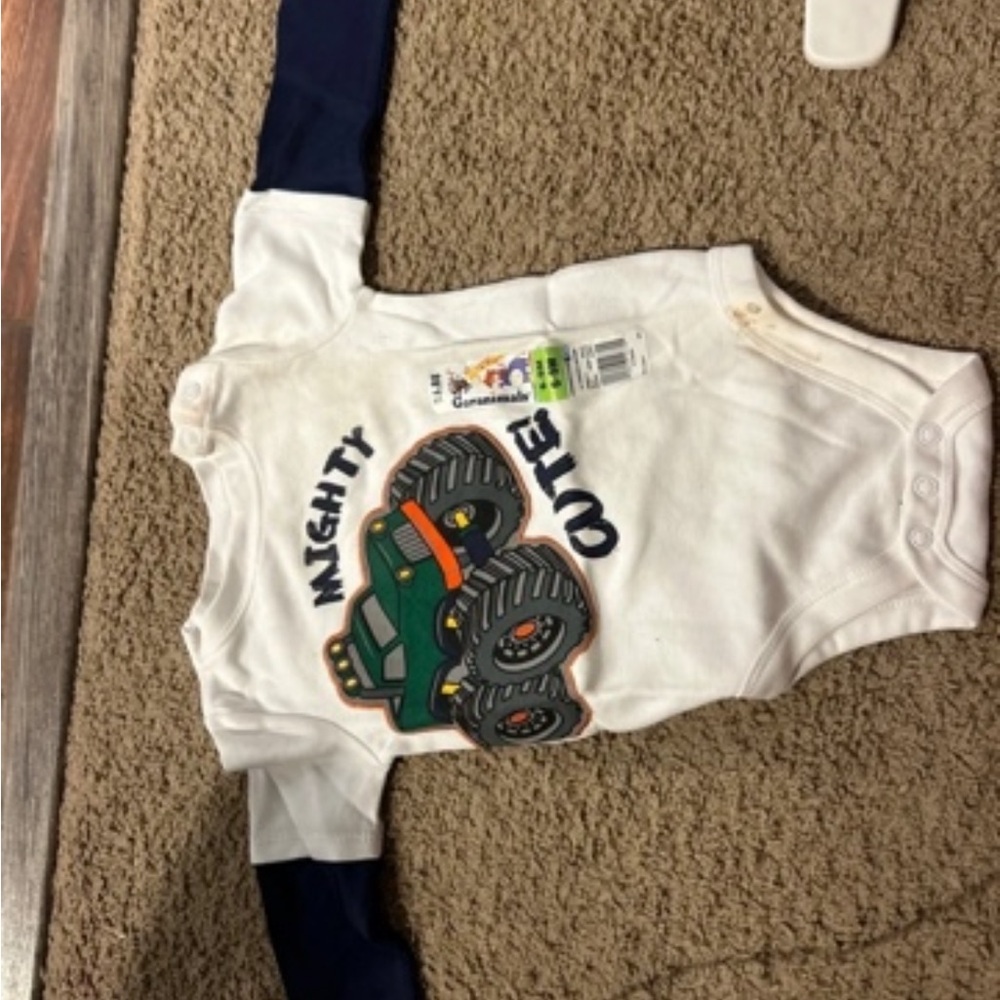 Mighty Cute Monster Truck Long-Sleeve Onesie - White & Navy